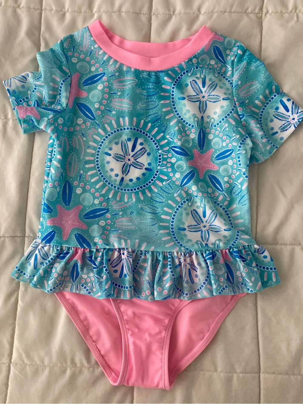 NWOT Floatimini Little Girls Sand Dollar Peplum Rash Guard Set UPF 50+, size 6